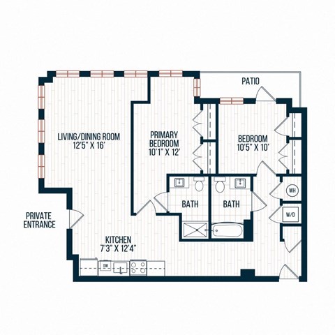 Floor plan for 2 beds, 2 baths, 1193 sqft
